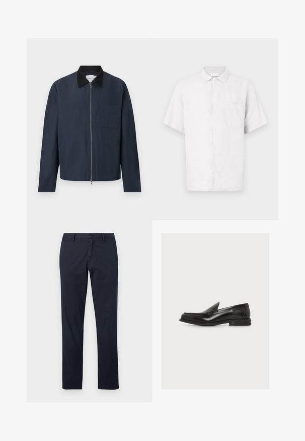 Veste zippée bleu marine avec col noir, manches longues, deux poches latérales et une poche poitrine du côté gauche.; Chemise blanche à manches courtes avec col, en lin, dotée d'une patte de boutonnage à l'avant et d'une poche poitrine unique. Texture lisse et design classique.; Pantalon en coton bleu marine à coupe droite, avec passants pour ceinture, poches avant et fermeture à bouton. Présente une texture lisse et un design épuré.; Mocassin en cuir noir à enfiler avec un petit talon et des détails cousus, étiquette latérale, sur fond blanc uni.