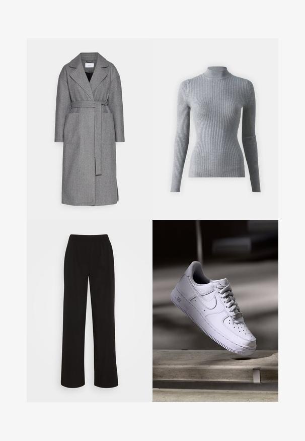 Grauer Wollmischmantel mit Wickeldesign, aufgeschlagenem Kragen, langen Ärmeln, Bindegürtel und zwei frontalen Taschen. Minimalistisches und strukturiertes Erscheinungsbild.; Grauer, gerippter Rollkragenpullover mit langen Ärmeln, aus Strickstoff gefertigt. Besitzt ein tailliertes Design und einen hohen Kragen für zusätzliche Wärme.; Vero Moda VMZELDA PULL ON WIDE PANT - Stoffhose - black; Weißer Nike Air Force 1 Sneaker schwebt über einer Betonoberfläche mit Schatten in einem minimalistischen Umfeld.