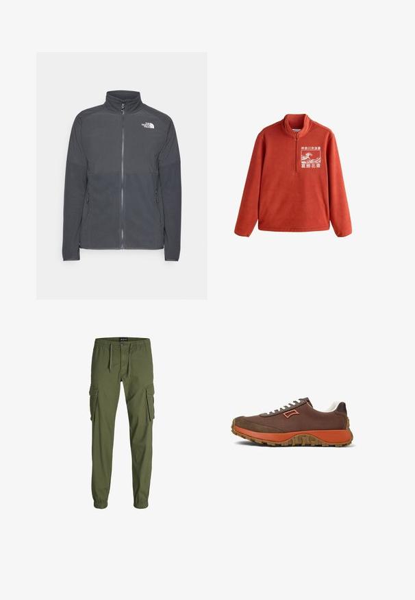 Donkergrijze fleecetrui met een hoge kraag, volledige rits aan de voorkant, gestructureerde bovenkant, zijzakken en een wit logo op de borst.; Fleece pullover in fel oranje, met een hoge kraag en een halve ritssluiting aan de voorkant. Voorzien van een wit grafisch ontwerp op de borst. Soepele textuur.; Olijfgroene cargobroek met een elastische tailleband, trekkoord, twee grote zijzakken en taps toelopende boorden. Gemaakt van een duurzame stof.; Bruine sportieve schoen met oranje accenten, getextureerd bruin suede, witte veters en een gumrubberen zool met een golfpatroon.