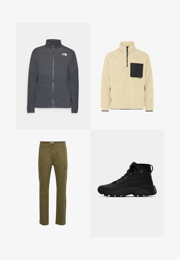 Mørkegrå fleecejakke med høj krave, fuld frontlynlås, struktureret øverste rygpanel, sidelommer og et hvidt logo på brystet.; Fleece-pullover i off-white med en sort lynlås lomme. Har høj krave, lange ærmer og sidelommer med lynlås. Teksturært, hyggeligt materiale.; Grønne cargo-bukser med lige pasform, der har to sidelommer, knaplukning og syet detaljering på stofoverfladen.; Sorte høje sportsko med en tekstureret syntetisk overdel, der har metaløjer, sorte snørebånd og en gummisål med mønstre for godt greb.