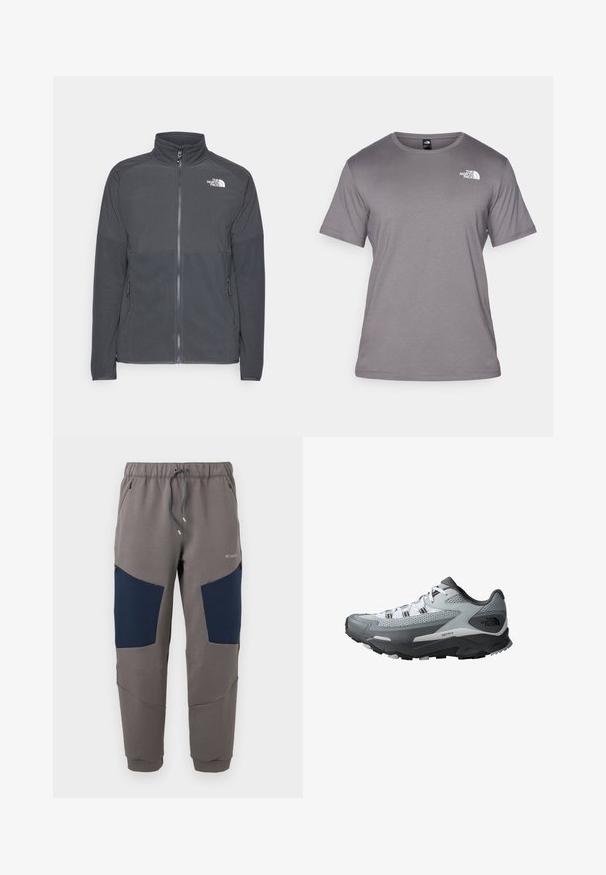 Chaqueta de forro polar gris oscuro con un cuello alto, cremallera frontal completa, yugo superior texturizado, bolsillos laterales y un logo blanco en el pecho.; Camiseta gris de manga corta hecha de una tela suave. Presenta un escote redondo y un pequeño logo blanco en la parte superior izquierda.; Pantalones jogger grises con paneles azul marino en las rodillas, cintura elástica, cordón ajustable, bolsillos con cremallera y logo de Columbia en el muslo superior.; Zapatilla de trail running con una combinación de colores en gris y negro, material superior de malla, suela resistente y acentos texturizados para mayor agarre.
