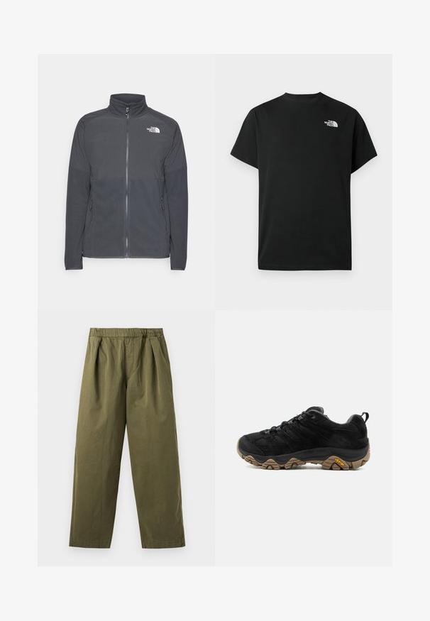 Dunkelgraue Fleecejacke mit hohem Kragen, durchgehendem Reißverschluss, strukturiertem oberen Einsatz, Seitentaschen und einem weißen Logo auf der Brust.; Schwarzes kurzärmliges T-Shirt aus Baumwolle. Mit einem weißen Logo auf der linken Brust. Einfacher Schnitt mit rundem Ausschnitt und minimalen Designdetails.; Olivgrüne Weite-Hosen mit elastischem Bund und vorderen Falten, vor hellem Hintergrund gezeigt.; Schwarzer Wanderschuh mit robuster brauner Vibram-Sohle, Mesh- und Wildleder-Obermaterial, Schnürdesign und hinterer Zuglasche, von der Außenseite gezeigt.