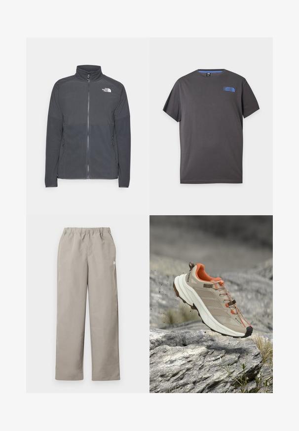 Chaqueta de forro polar gris oscuro con un cuello alto, cremallera frontal completa, yugo superior texturizado, bolsillos laterales y un logo blanco en el pecho.; Camiseta de manga corta de cuello redondo de color gris oscuro con pequeño logo azul de The North Face en la parte superior izquierda del pecho sobre fondo blanco.; Pantalones beige de corte recto con cinturilla elástica y un pequeño logo blanco en la costura lateral derecha.; Zapato de senderismo beige y naranja con suela gruesa, etiqueta GORE-TEX y marca "TERREX", mostrado sobre terreno rocoso.