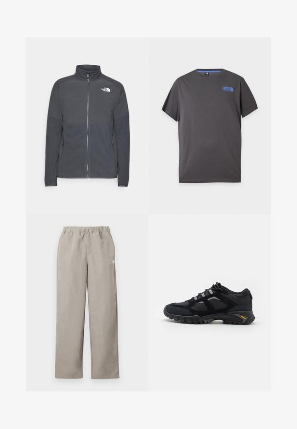 Donkergrijze fleecetrui met een hoge kraag, volledige rits aan de voorkant, gestructureerde bovenkant, zijzakken en een wit logo op de borst.; Donkergrijs T-shirt met korte mouwen en ronde hals met een klein blauw The North Face-logo op de linker bovenborst tegen een witte achtergrond.; Beige rechte broek met elastische tailleband en een klein wit logo op het rechter zijnnaad.; Zwarte buitenschoen van suede en mesh met een robuuste zool. Voorzien van grijze accenten en Vibram-logo op de zijkant. Vetersluiting.