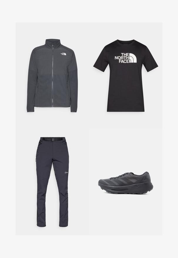 Mørkegrå fleecejakke med høj krave, fuld frontlynlås, struktureret øverste rygpanel, sidelommer og et hvidt logo på brystet.; Sort T-shirt med korte ærmer lavet af bomuld, med et fremtrædende hvidt logo af "THE NORTH FACE" over brystet.; Vandtætte bukser i mørkegrå farve, lavet af slidstærkt stof. Funktioner inkluderer et bælte, sidelommer og lynlåsede ankler.; Sort løbesko med mesh-overdel, teksturerede overlays og tyk gummisål. Har seks snørehuller og et mønstret design.