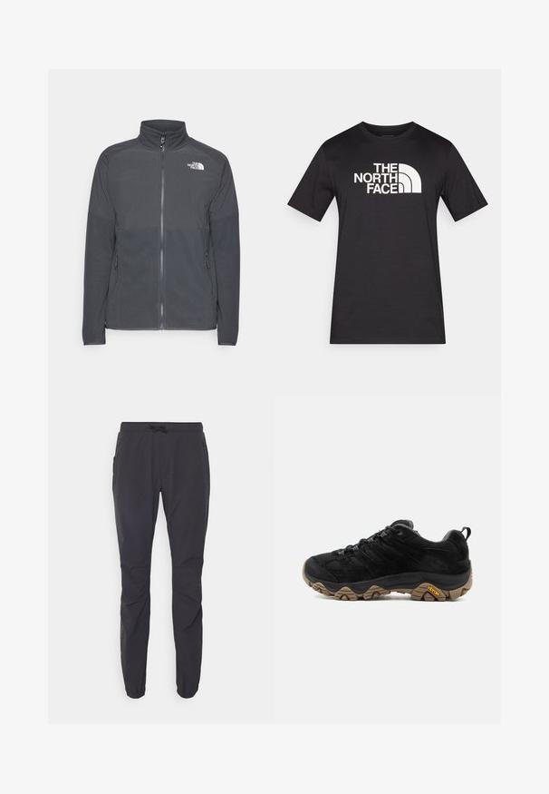 Mørkegrå fleecejakke med høj krave, fuld frontlynlås, struktureret øverste rygpanel, sidelommer og et hvidt logo på brystet.; Sort T-shirt med korte ærmer lavet af bomuld, med et fremtrædende hvidt logo af "THE NORTH FACE" over brystet.; Sorte, letvægts udendørs bukser med elastisk talje, snorelukning og to sidelommer med lynlås. Fremstillet af åndbart stof.; Sort vandrestøvle med robust brun Vibram-sål, mesh og ruskindsoverdel, snørelukning og bageste trækskinnel, vist fra ydersiden.