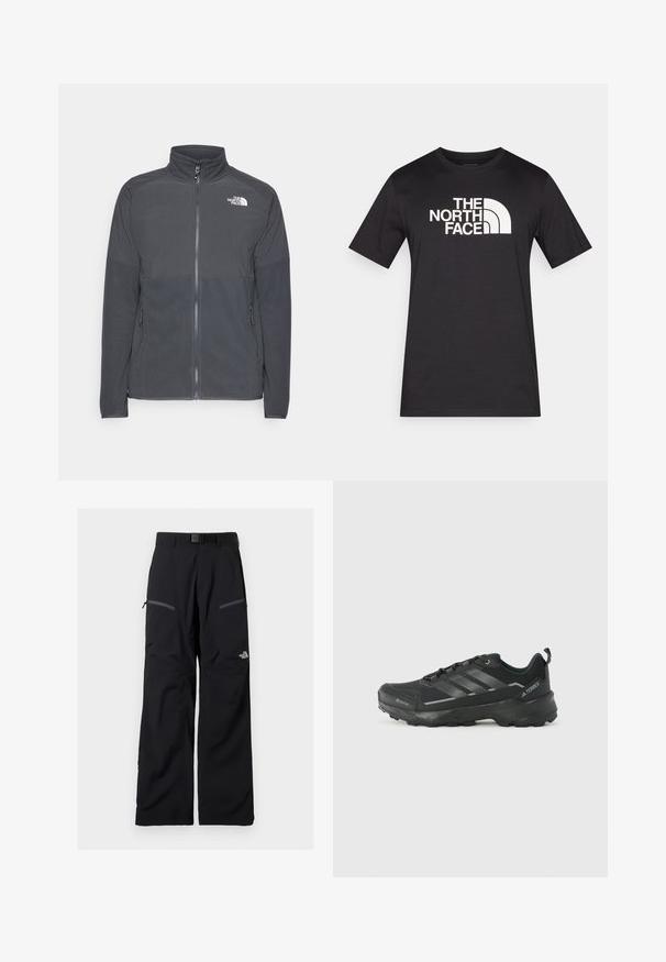 Dunkelgraue Fleecejacke mit hohem Kragen, durchgehendem Reißverschluss, strukturiertem oberen Einsatz, Seitentaschen und einem weißen Logo auf der Brust.; Schwarzes T-Shirt mit kurzen Ärmeln aus Baumwolle, mit einem auffälligen weißen Logo "THE NORTH FACE" auf der Brust.; Schwarze Outdoor-Hose mit verstellbarem Gürtel, zwei Reißverschlusstaschen an den Oberschenkeln und The North Face-Logo am rechten Bein.; Schwarzer Sportschuh mit einem strukturierten Obermaterial aus Stoff, drei silbernen Streifen, verstärkter Zehenpartie und einer robusten Gummisohle für besten Halt.