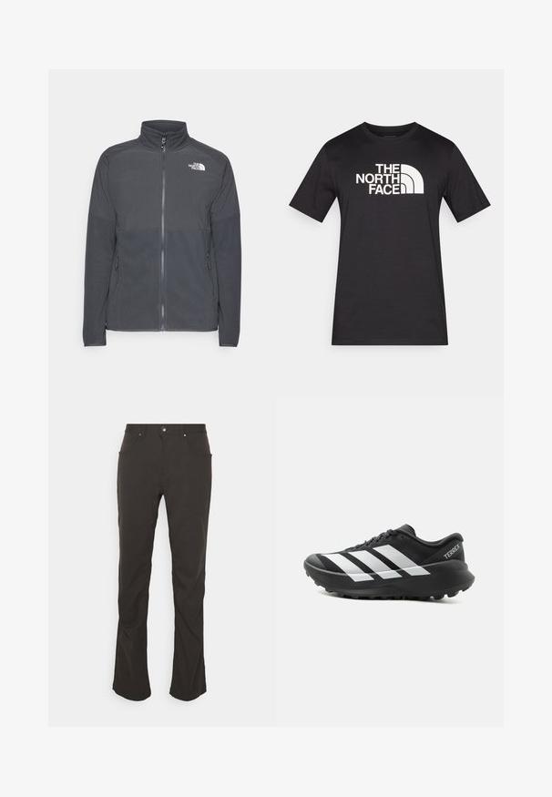 Chaqueta de forro polar gris oscuro con un cuello alto, cremallera frontal completa, yugo superior texturizado, bolsillos laterales y un logo blanco en el pecho.; Camiseta negra de manga corta hecha de algodón, con un destacado diseño de logo blanco de "THE NORTH FACE" en el pecho.; Pantalones negros de pierna recta con una textura de tela suave, bolsillos frontales y cierre de botón plateado. Diseño simple y líneas limpias.; Zapatilla de trail running Adidas Terrex en blanco y negro con suela gruesa y suela exterior con tacos, vista lateral sobre fondo liso y claro.