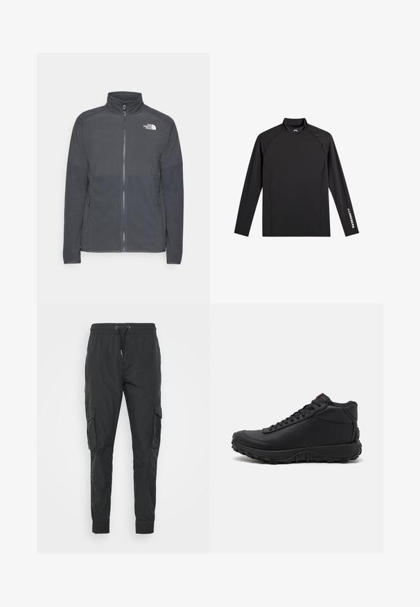 Dunkelgraue Fleecejacke mit hohem Kragen, durchgehendem Reißverschluss, strukturiertem oberen Einsatz, Seitentaschen und einem weißen Logo auf der Brust.; Schwarzes Langarm-Sportoberteil mit Stehkragen, schlanker Passform und weißem "J.Lindeberg"-Logo am linken Ärmel und Kragen.; Schwarze Cargo-Hosen aus leichtem Stoff, mit einem verstellbaren Kordelzugbund, elastischen Bündchen und zwei Seitentaschen.; Schwarze High-Top-Sneaker aus strukturiertem Leder, mit einer dicken Gummisohle mit Profil und Schnürdesign. Roter Akzent auf der Zunge.