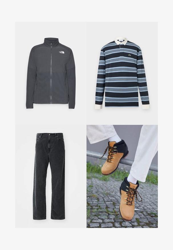 Mørkegrå fleecejakke med høj krave, fuld frontlynlås, struktureret øverste rygpanel, sidelommer og et hvidt logo på brystet.; Langærmet navy rugbyshirt med lyseblå vandrette striber, hvid krave og manchetter samt et lille grønt krokodillelogo på brystet.; Sorte lige ben corduroy bukser med forlommer, bæltestropper og knaplukning, præsenteret på en hvid baggrund.; Brune og sorte vandrestøvler med overdel i ruskind, guldøjer og mønstrede snørebånd, præsenteret på et rækværk over brosten. Hvide sokker synlige.