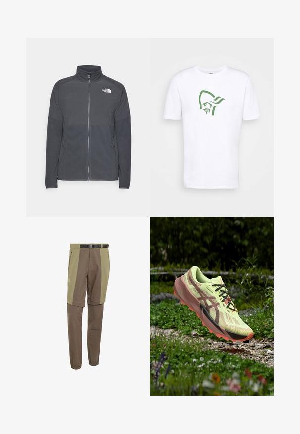 Dunkelgraue Fleecejacke mit hohem Kragen, durchgehendem Reißverschluss, strukturiertem oberen Einsatz, Seitentaschen und einem weißen Logo auf der Brust.; Norrøna /29 COTTON VIKING T-SHIRT - T-Shirt print - pure white; Schmal geschnittene Outdoor-Hose mit einem Farbblock-Design in Beige und Braun, elastischen Bündchen, verstellbarem Bund und mehreren Reißverschlusstaschen.; Gelber und brauner Trailrunning-Schuh mit schwarzen Schnürsenkeln schwebt über einem Kiesweg, umgeben von grünem Gras und Blumen.