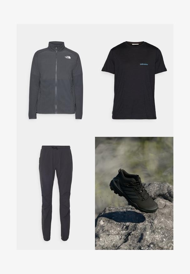 Mørkegrå fleecejakke med høj krave, fuld frontlynlås, struktureret øverste rygpanel, sidelommer og et hvidt logo på brystet.; Sort kortærmet t-shirt lavet af blødt stof, med et lille blåt "icebreaker" logo på venstre brystområde. Regular fit design.; Sorte, letvægts udendørs bukser med elastisk talje, snorelukning og to sidelommer med lynlås. Fremstillet af åndbart stof.; Sort trail løbesko med robust sål svævende over en klippete overflade, jordpartikler synlige i udendørs omgivelser.