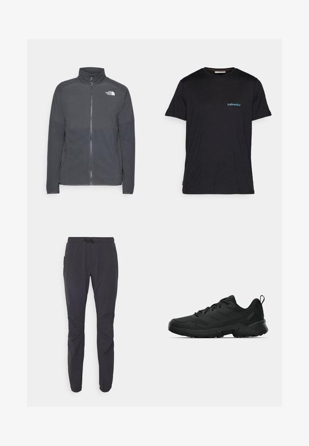 Mørkegrå fleecejakke med høj krave, fuld frontlynlås, struktureret øverste rygpanel, sidelommer og et hvidt logo på brystet.; Sort kortærmet t-shirt lavet af blødt stof, med et lille blåt "icebreaker" logo på venstre brystområde. Regular fit design.; Sorte, letvægts udendørs bukser med elastisk talje, snorelukning og to sidelommer med lynlås. Fremstillet af åndbart stof.; Sort atletiksko med tekstureret overdel, forstærket tå, robust ydersål og en trækflig ved hælen for nem påtagning.