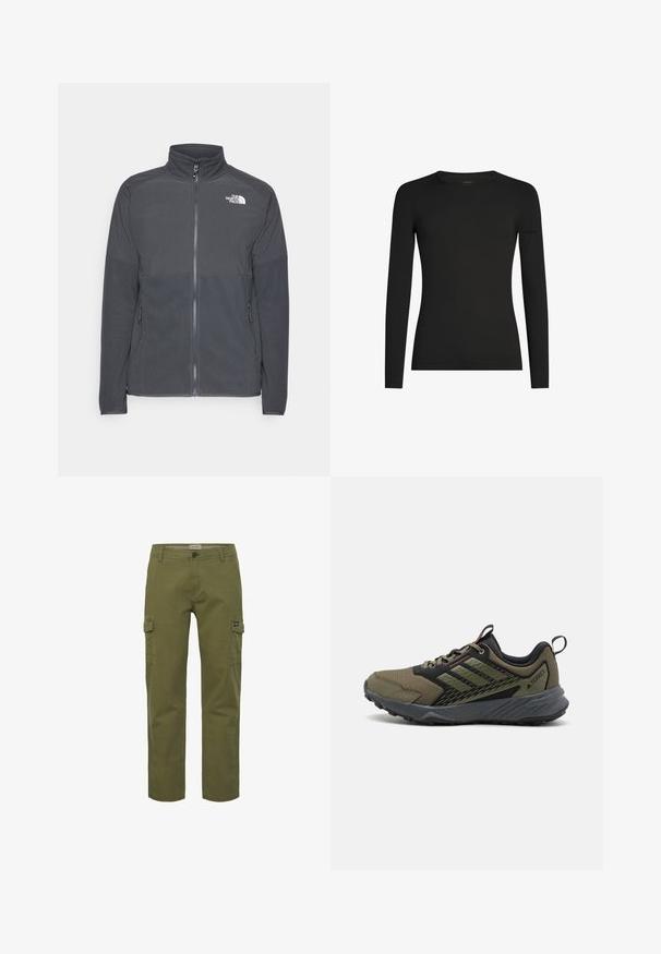 Dunkelgraue Fleecejacke mit hohem Kragen, durchgehendem Reißverschluss, strukturiertem oberen Einsatz, Seitentaschen und einem weißen Logo auf der Brust.; Schwarzes, langärmeliges, figurbetontes T-Shirt mit Rundhalsausschnitt und dezentem Icebreaker-Logo auf dem linken Ärmel, dargestellt vor weißem Hintergrund.; Olivegrüne Cargo-Hosen mit geradem Schnitt, Front- und Seitentaschen sowie Knopfverschluss. Hergestellt aus strapazierfähigem Baumwollstoff.; Grüne und schwarze Sportschuhe mit einer strukturierten Oberseite, flachen Schnürsenkeln und einer robusten Gummisohle mit Rillen für besseren Halt.