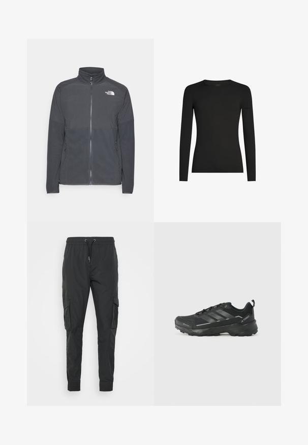 Dunkelgraue Fleecejacke mit hohem Kragen, durchgehendem Reißverschluss, strukturiertem oberen Einsatz, Seitentaschen und einem weißen Logo auf der Brust.; Schwarzes, langärmeliges, figurbetontes T-Shirt mit Rundhalsausschnitt und dezentem Icebreaker-Logo auf dem linken Ärmel, dargestellt vor weißem Hintergrund.; Schwarze Cargo-Hosen aus leichtem Stoff, mit einem verstellbaren Kordelzugbund, elastischen Bündchen und zwei Seitentaschen.; Schwarzer Sportschuh mit einem strukturierten Obermaterial aus Stoff, drei silbernen Streifen, verstärkter Zehenpartie und einer robusten Gummisohle für besten Halt.