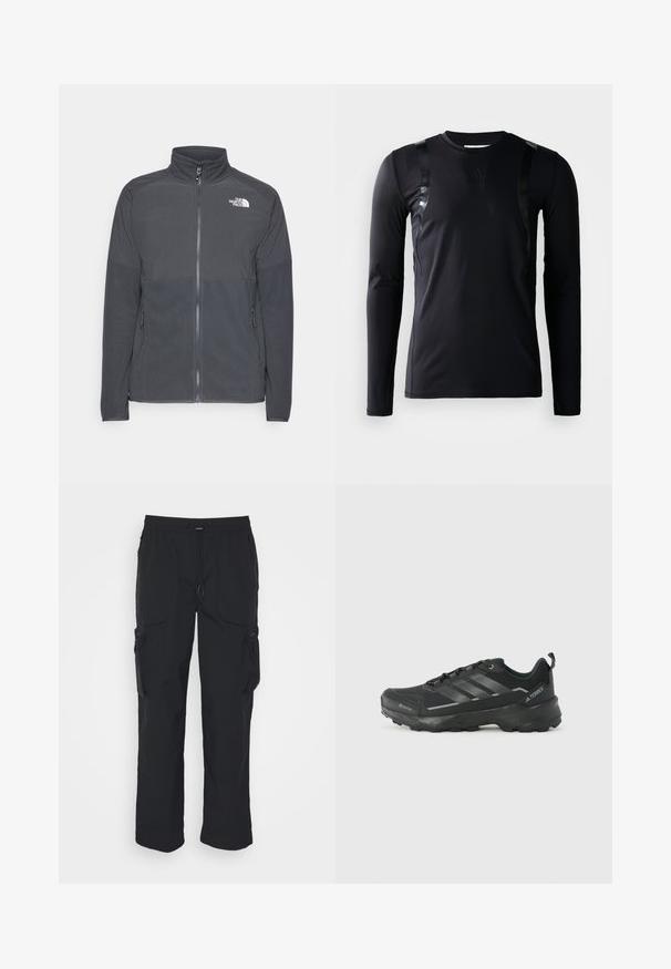 Donkergrijze fleecetrui met een hoge kraag, volledige rits aan de voorkant, gestructureerde bovenkant, zijzakken en een wit logo op de borst.; Zwarte lange-mouwen sportshirt gemaakt van glad, rekbaar materiaal. Kenmerkt zich door glanzende zwarte accenten op de schouders en een Adidas-logo op de borst.; Zwarte cargobroek van geweven stof. Voorzien van een verstelbare tailleband, zijzakken en twee utilityzakken met ritsen.; Zwarte sportschoen met een gestepeld stoffen bovenwerk, drie zilveren strepen, versterkte neus en een robuuste rubberen zool voor tractie.