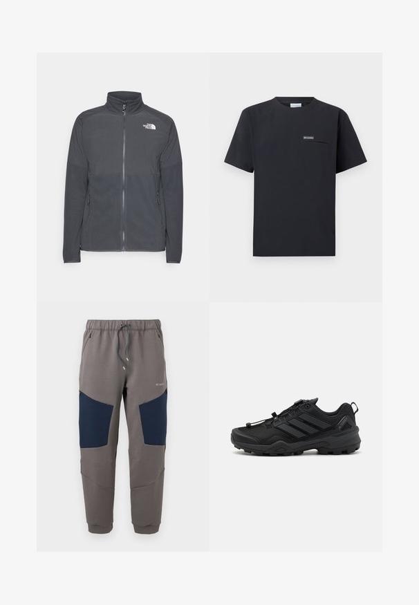Mørkegrå fleecejakke med høj krave, fuld frontlynlås, struktureret øverste rygpanel, sidelommer og et hvidt logo på brystet.; Sort kortærmet Columbia T-shirt med brystlomme med lynlås og lille logo patch, vist på en hvid baggrund.; Grå joggingbukser med marineblå knæpaneler, elastisk taljebånd, snor, lynlåslommer og Columbia-logo på øverste lår.; Sort atletisk sko med en tekstureret mesh-overdel, kontrasterende syntetiske accenter og en robust gummisål. Har et sikkert snøresystem og bageste loop.