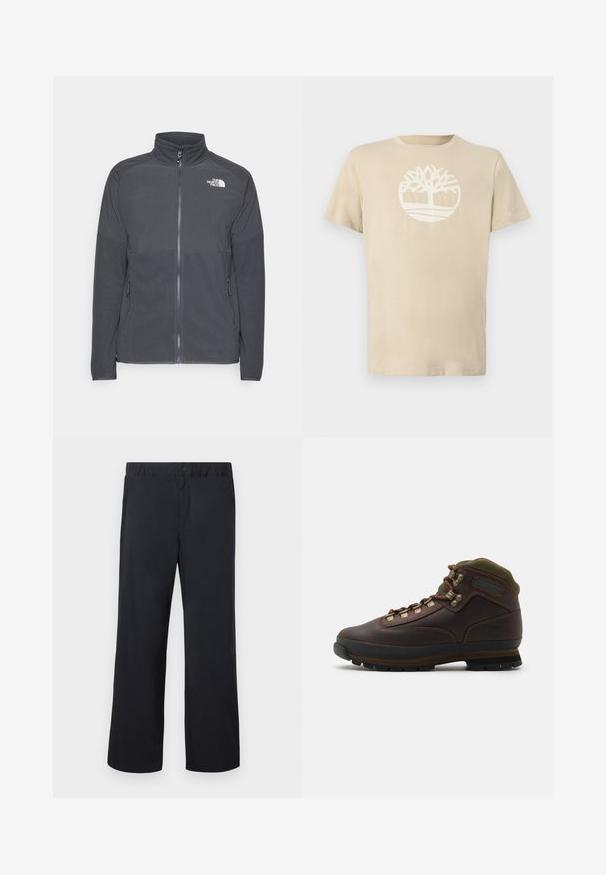 Mørkegrå fleecejakke med høj krave, fuld frontlynlås, struktureret øverste rygpanel, sidelommer og et hvidt logo på brystet.; Beige bomuld t-shirt med rund hals, med et hvidt trælogo i et cirkulært design. Korte ærmer og en standard pasform.; Sorte bukser med lige ben, elastisk talje og enkelt knap over lynlåsgylp, vist fladt på hvid baggrund.; Brune læder vandrestøvle med grøn stofkrave. Har metal snørehuller, gummisål og struktureret sål til greb.