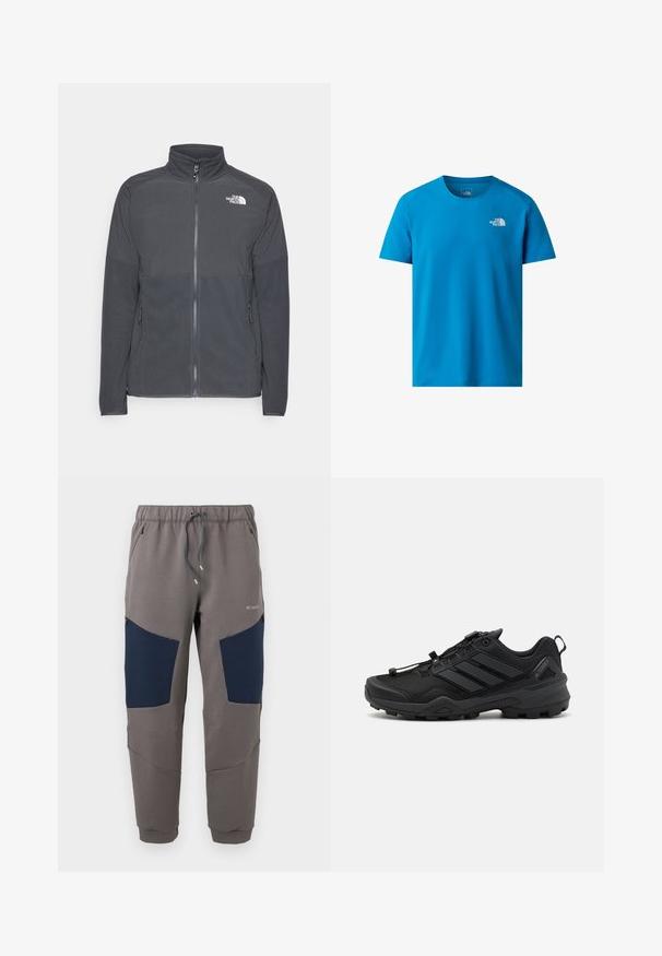 Mørkegrå fleecejakke med høj krave, fuld frontlynlås, struktureret øverste rygpanel, sidelommer og et hvidt logo på brystet.; Blå kortærmet t-shirt lavet af glat stof, med et lille hvidt logo på venstre bryst. Klassisk crew neck design.; Grå joggingbukser med marineblå knæpaneler, elastisk taljebånd, snor, lynlåslommer og Columbia-logo på øverste lår.; Sort atletisk sko med en tekstureret mesh-overdel, kontrasterende syntetiske accenter og en robust gummisål. Har et sikkert snøresystem og bageste loop.