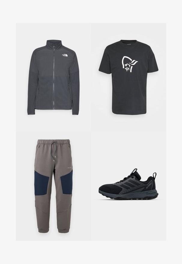 Mørkegrå fleecejakke med høj krave, fuld frontlynlås, struktureret øverste rygpanel, sidelommer og et hvidt logo på brystet.; Sort bomulds t-shirt med et stort hvidt grafik af et stiliseret ansigt med et hovedbeklædning på fronten. Klassisk rund halsudskæring og korte ærmer.; Grå joggingbukser med marineblå knæpaneler, elastisk taljebånd, snor, lynlåslommer og Columbia-logo på øverste lår.; Sorte løbesko med en tekstureret overdel i mesh og syntetiske detaljer, en polstret sål og en hælløkke for nem påtagning.