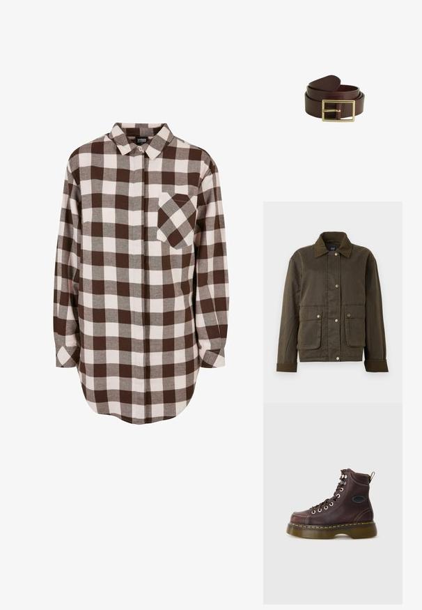 Chaqueta de color verde oliva oscuro con cuello y puños de pana, botones de presión en la parte delantera y dos grandes bolsillos con solapa.; Camisa de franela a cuadros marrón y blanca con mangas largas, cierre de botones en la parte delantera y un bolsillo en el pecho. Textura suave y dobladillo redondeado.; Botín de cuero marrón con superficie texturizada, ojales plateados y costura amarilla. Presenta una suela gruesa translúcida y una lengüeta en la parte posterior.; Cinturón de cuero marrón oscuro enrollado con hebilla de metal dorado rectangular visible sobre un fondo blanco.