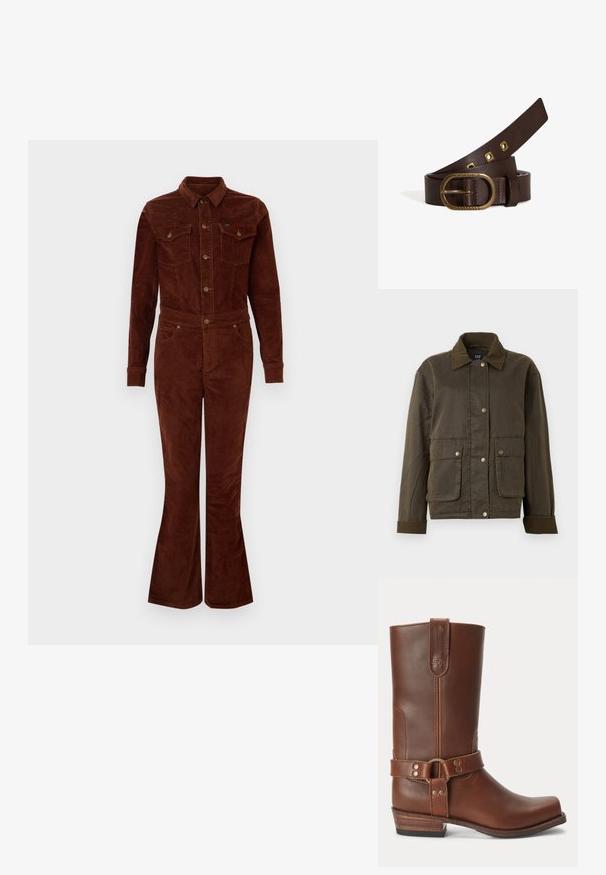 Dunkelolivgrüne Jacke mit Cordkragen und -manschetten, vorderen Druckknöpfen und zwei großen Klappentaschen.; Brauner Corduroy-Overall mit Kragen, langen Ärmeln, lässigen Beinen, Brusttaschen und metallischen Knopfakzenten. Glatte Textur und taillierter Schnitt.; Brauner Lederstiefel bis zur Mitte der Wade mit niedrigem Holzabsatz, runder Spitze und dekorativem Riemen mit Metallnieten rund um den Knöchel.; Brauner Ledergürtel mit runder Messingschnalle und Nieten-Detail. Glatte Textur, zulaufendes Ende und eingraviertes Markenlogo auf der Schnalle.