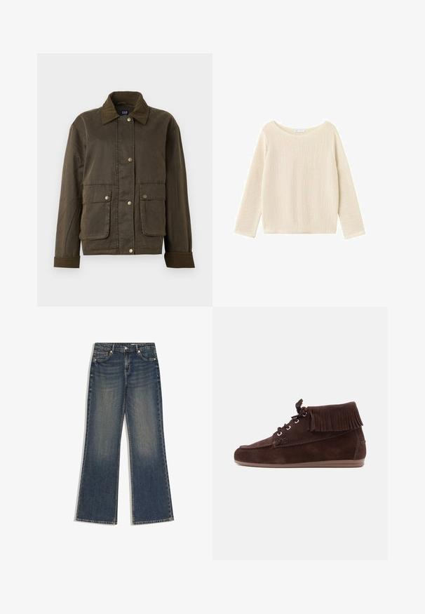 Veste vert olive foncé avec un col et des poignets en velours côtelé, boutons-pression à l'avant et deux grandes poches à rabat.; Pull en tricot crème à manches longues avec un col rond et une coupe décontractée, présenté sur un fond blanc.; Jean en denim bleu foncé avec une taille haute, jambes larges et droites, fermeture à boutons et fermeture éclair à l'avant, et design à cinq poches.; Bottine en daim brun foncé avec détails à franges autour du col, lacets sur le devant et semelle en caoutchouc plate, vue de profil.