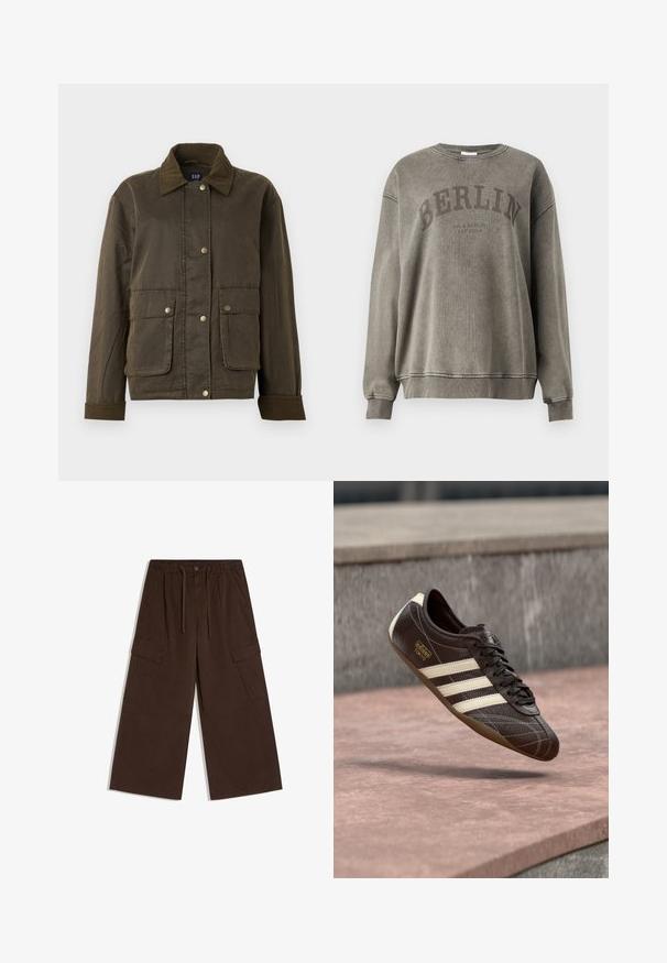 Mørkeolivengrøn jakke med kordfløjlskrave og manchetter, foran snapknapper og to store klaplommer.; Grå bomulds sweatshirt med rund hals, nedsatte skuldre og ribbede manchetter. Har "BERLIN" skrevet i store mørke bogstaver med subtil struktur.; Brune cargo-bukser med vide ben, sidelommer med klap, skrå lommer foran, knaplukning, elastisk talje og snøre.; Brun lædersneaker med hvide tre striber, tekstureret overflade, snørelukning og brun gummisål. Har prægede logo på siden.
