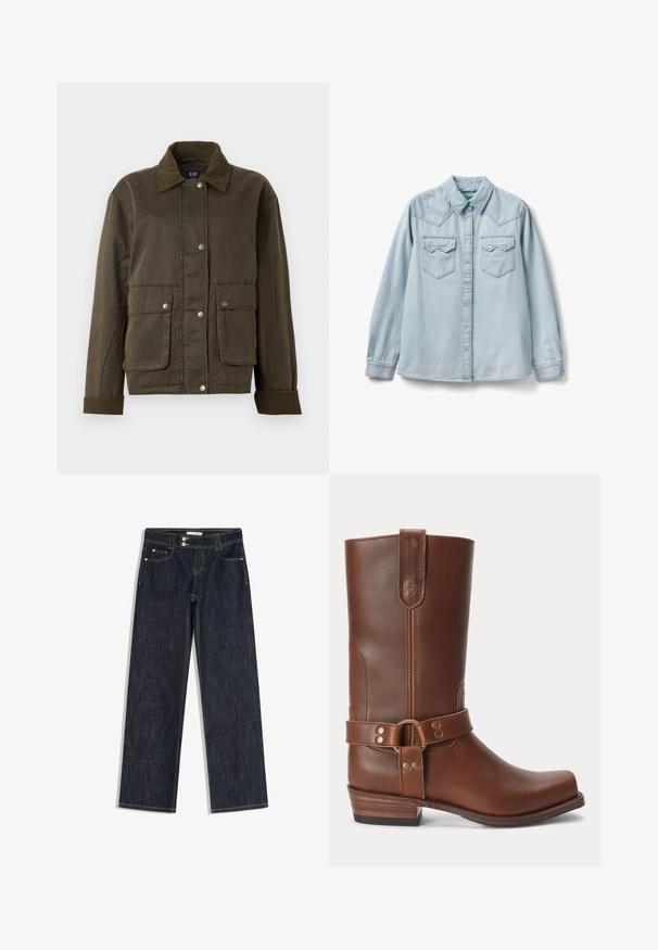 Dunkelolivgrüne Jacke mit Cordkragen und -manschetten, vorderen Druckknöpfen und zwei großen Klappentaschen.; Hellblaue Jeans-Langarmbluse mit spitzem Kragen, durchgehender Knopfleiste und zwei Brusttaschen mit Klappen und Druckknöpfen.; Dunkelblaue Jeans mit geradem Bein, gelber Naht, zwei Fronttaschen, Gürtelschlaufen und doppeltem Knopfverschluss am Bund.; Brauner Lederstiefel bis zur Mitte der Wade mit niedrigem Holzabsatz, runder Spitze und dekorativem Riemen mit Metallnieten rund um den Knöchel.