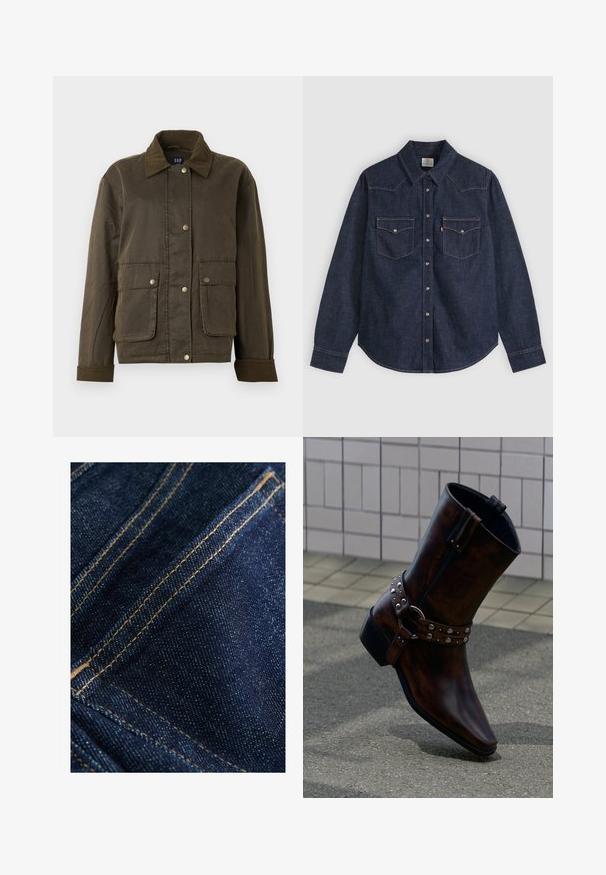 Dunkelolivgrüne Jacke mit Cordkragen und -manschetten, vorderen Druckknöpfen und zwei großen Klappentaschen.; Dunkelblaues Denim-Langarmhemd mit spitzem Kragen, vorderen Druckknöpfen und zwei mit Knöpfen verschließbaren Brusttaschen mit Kontrastnähten.; Dunkelblauer Denim-Stoff mit einer glatten Textur, der kontrastierende goldene Nähte entlang der Nähte und Taschen aufweist und ein klassisches Design zeigt.; Dunkelbrauner Leder-Stiefel bis zum Knöchel mit silbernen Nieten und Riemendetail, präsentiert vor einem Hintergrund aus gefliester Wand und Betonboden.
