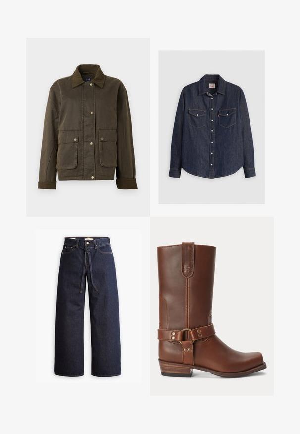 Dunkelolivgrüne Jacke mit Cordkragen und -manschetten, vorderen Druckknöpfen und zwei großen Klappentaschen.; Dunkelblaues Denim-Hemd mit langen Ärmeln, knöpfbarem Frontverschluss, zwei Brusttaschen mit Klappen und kontrastierendem gelben Stich.; Weite, dunkelblaue Jeans aus Denim mit hoher Taille, ausgestattet mit einem Kordelzug, fünf Taschen und kontrastierenden Nähdetails.; Brauner Lederstiefel bis zur Mitte der Wade mit niedrigem Holzabsatz, runder Spitze und dekorativem Riemen mit Metallnieten rund um den Knöchel.