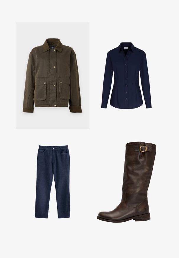 Dunkelolivgrüne Jacke mit Cordkragen und -manschetten, vorderen Druckknöpfen und zwei großen Klappentaschen.; Seidensticker BUSINESS SLIM FIT - Hemdbluse - dunkelblau; Dunkelblaue Denim-Hosen mit geradem Bein, fünf Taschen, Gürtelschlaufen und einem vorderen Knopfverschluss. Der Stoff hat eine strukturierte Oberfläche.; Höhe braune Lederstiefel mit runder Spitze, strukturiertem Obermaterial, dekorativem seitlichem Schnallenverschluss und flachem, gestapeltem Absatz.