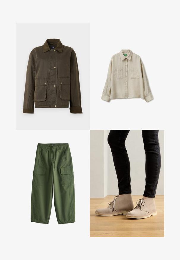 Dunkelolivgrüne Jacke mit Cordkragen und -manschetten, vorderen Druckknöpfen und zwei großen Klappentaschen.; Beiges langärmliges Hemd mit Knöpfen, zwei Brusttaschen und klassischem Kragen, hergestellt aus leichtem Stoff.; Olivgrüne Cargohose mit Kordelzug am Bund, Gürtelschlaufen, Seitentaschen und Klappentaschen an den Oberschenkeln, weiter Schnitt mit elastischen Bündchen.; Beige Wildleder-Stiefeletten mit runder Spitze, Schnürdesign und kontrastierenden Nähten, getragen mit schwarzen, enganliegenden Hosen auf einem Holzboden.