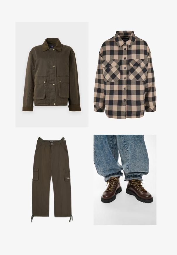 Chaqueta de color verde oliva oscuro con cuello y puños de pana, botones de presión en la parte delantera y dos grandes bolsillos con solapa.; Camisa de franela a cuadros en beige y gris oscuro. Presenta un cierre frontal con botones, dos bolsillos en el pecho y un cuello plegable. Diseño de corte holgado.; Pantalones cargo verde oliva hechos de una tela ligera, con dos bolsillos laterales, dos bolsillos cargo y cuerdas ajustables en los tobillos.; Botas de piel marrón para senderismo con cordones amarillos, usadas con vaqueros azules remangados sobre un fondo blanco.