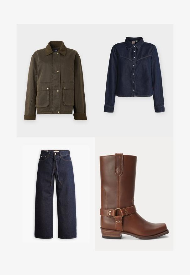 Mørkeolivengrøn jakke med kordfløjlskrave og manchetter, foran snapknapper og to store klaplommer.; Mørkeblå denimskjorte med lange ærmer og trykknapper, vestlig stil yoke, spids krave og lige kant mod hvid baggrund.; Bredde ben mørkeblå denim jeans med høj talje, der har snoretræk, fem lommer og kontrastsyet detaljer.; Brun læder midt på læggen støvle med lavt træhæl, rund snude og dekorativ strop med metalnitter rundt om anklen.