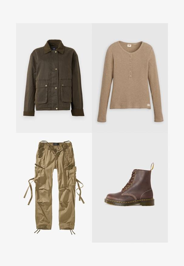 Dunkelolivgrüne Jacke mit Cordkragen und -manschetten, vorderen Druckknöpfen und zwei großen Klappentaschen.; Langärmliges beiges Waffelstrick-Henley-Shirt mit rundem Ausschnitt und fünf Knöpfen, flach liegend vor weißem Hintergrund dargestellt.; Khakifarbene Cargo-Hose aus Baumwolle mit mehreren Seitentaschen, Kordelzügen an den Knöcheln und Knopfakzenten. Klare Linien und strapazierfähiger Stoff.; Braune Leder-Schnürstiefel mit gelben Nähten, runder Zehenpartie und robuster Gummisohle. Verfügt über eine Zuglasche an der Ferse für einfaches Anziehen.