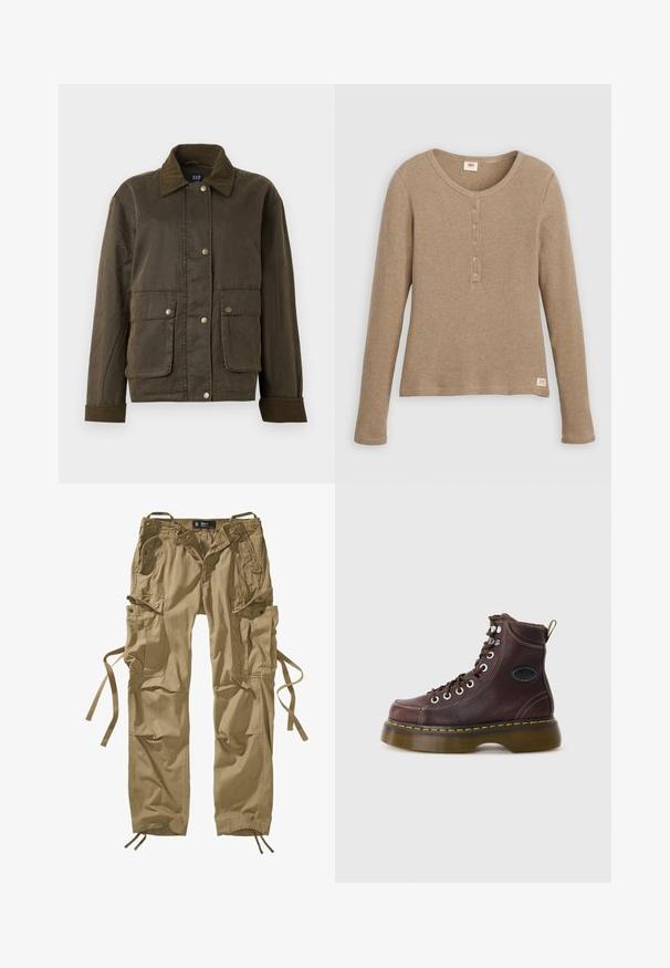 Mørkeolivengrøn jakke med kordfløjlskrave og manchetter, foran snapknapper og to store klaplommer.; Beige henley-shirt i vaffelstrik med lange ærmer, rund halsudskæring og fem-knaps lukning, vist fladt mod hvid baggrund.; Khaki cargo bukser lavet af bomuld med flere sidelommer, snore ved anklerne og knaptryk. Rette linjer og slidstærkt stof.; Brun læder ankelstøvle med tekstureret overflade, sølv øjer og gul syning. Har en kraftig gennemsigtig sål og en trækstrop.