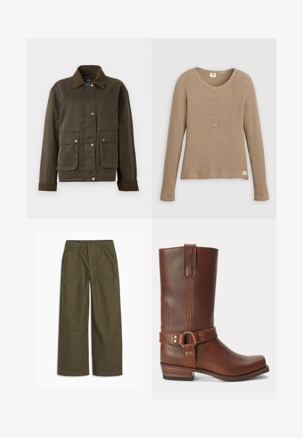 Donkergroen olijfjack met ribfluwelen kraag en manchetten, vooraan drukknoopsluitingen en twee grote flapzakken.; Beige henleyshirt met lange mouwen en wafelstructuur, ronde hals en knoopsluiting met vijf knopen, plat weergegeven tegen een witte achtergrond.; Olijfgroene wijde broek met patch zakken aan de voorkant, knoopsluiting en riemlussen, plat weergegeven op een witte achtergrond.; Bruine leren midkuitlaars met een lage houten hak, ronde neus en een decoratieve band met metalen studs rond de enkel.