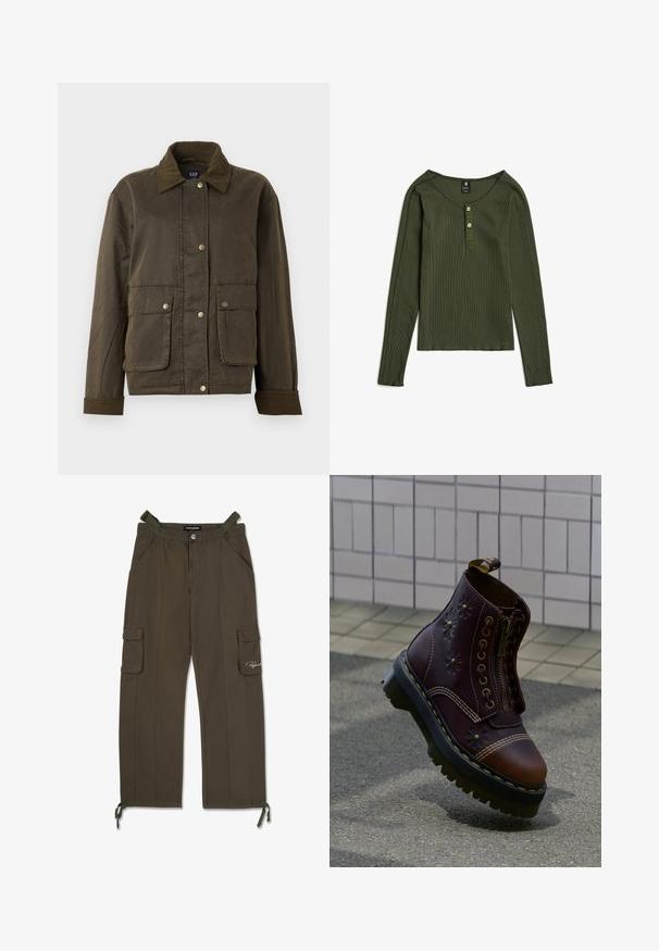 Dunkelolivgrüne Jacke mit Cordkragen und -manschetten, vorderen Druckknöpfen und zwei großen Klappentaschen.; Olivegrünes Langarm-Ripphemd mit rundem Ausschnitt und Zwei-Knopf-Leiste in der vorderen Mitte.; Olivengrüne Cargo-Hosen aus leichtem Material, ausgestattet mit zwei Seitentaschen, zwei Cargo-Taschen und verstellbaren Zugbändern an den Knöcheln.; Dunkelbrauner Lederstiefel mit floraler Prägung, Frontreißverschluss, dicker schwarzer Sohle mit gelben Nähten, schwebt über strukturiertem Pflaster nahe einer gefliesten Wand.