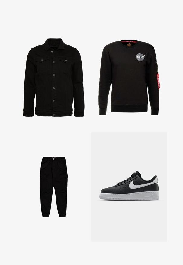 Čierna džínsová bunda s klasickým dizajnom, vybavená gombíkmi, dvoma vreckami na hrudi a mierne textúrovaným povrchom.; Alpha Industries NASA - Mikina - schwarz; Čierne cargo nohavice z bavlny, s dvoma prednými vreckami a dvoma bočnými cargo vreckami, s elastickými manžetami a pásom.; Čierne kožené tenisky s textúrovaným povrchom, biely Nike swoosh, šedá podrážka, okrúle špičky a šnurovací dizajn. Obsahuje perforácie na špičke.