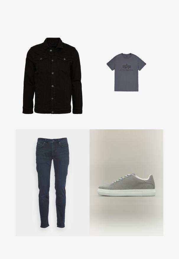 Schwarze Jeansjacke mit klassischem Design, ausgestattet mit Knopfverschluss, zwei Brusttaschen und einer leicht strukturierten Oberfläche.; Graues Baumwoll-T-Shirt mit Rundhalsausschnitt, mit einem schwarzen Drucklogo-Design auf der Vorderseite. Kurze Ärmel und normale Passform.; Dunkelblaue Jeans im Slim-Fit-Design. Hergestellt aus Denim, mit einem Knopf- und Reißverschluss, fünf Taschen und dezenten Nähten.; Grauer Sneaker aus Wildleder mit weißer Gummisohle und Schnürsenkeln, mit niedrigem Schnitt und glatter Oberfläche. Minimalistischer Stil ohne sichtbare Logos.