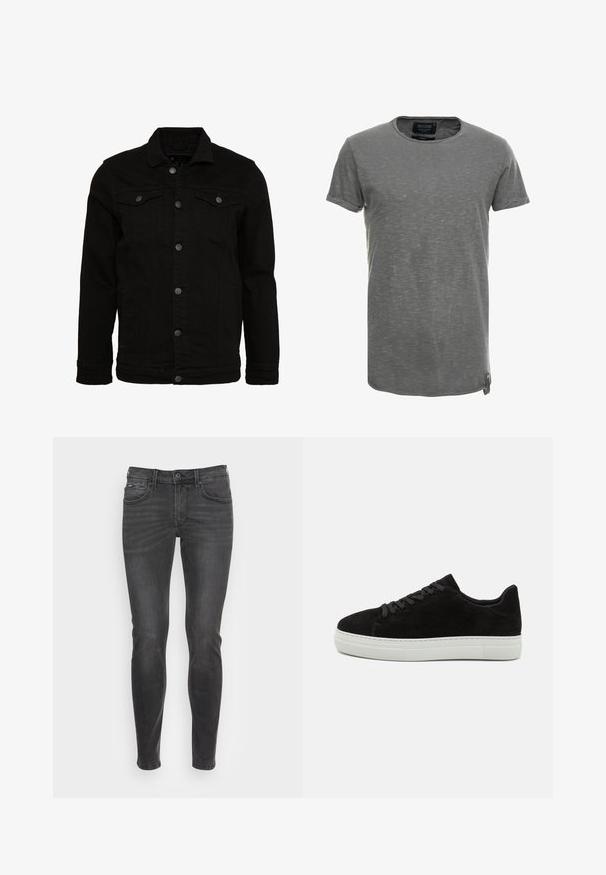 Schwarze Jeansjacke mit klassischem Design, ausgestattet mit Knopfverschluss, zwei Brusttaschen und einer leicht strukturierten Oberfläche.; Graues Kurzarm-T-Shirt aus weichem, strukturiertem Stoff. Es hat einen runden Halsausschnitt und ein dezentes meliert Muster, mit einem Markenetikett an der Seite.; Schmal geschnittene schwarze Jeans mit glatter Textur, ausgestattet mit klassischem Fünf-Taschen-Design und sanften Ausbleichungen an der Vorderseite.; Schwarze Wildledersneaker mit weißer Gummisohle, runder Zehenpartie und schwarzen Schnürsenkeln. Glatte Textur mit minimalistischem Design und ohne sichtbare Muster.