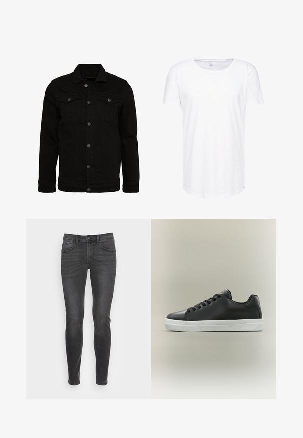 Schwarze Jeansjacke mit klassischem Design, ausgestattet mit Knopfverschluss, zwei Brusttaschen und einer leicht strukturierten Oberfläche.; Weißes T-Shirt mit kurzen Ärmeln aus weichem Baumwollstoff. Mit Rundhalsausschnitt und lockerer Passform, ergänzt durch ein dezentes Markenlabel am Saum.; Schmal geschnittene schwarze Jeans mit glatter Textur, ausgestattet mit klassischem Fünf-Taschen-Design und sanften Ausbleichungen an der Vorderseite.; Schwarzer Leder-Sneaker in Low-Top-Design mit schwarzen Schnürsenkeln und weißer Gummisohle vor neutralem Hintergrund, Seitenansicht.