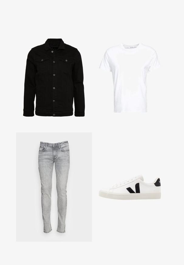 Schwarze Jeansjacke mit klassischem Design, ausgestattet mit Knopfverschluss, zwei Brusttaschen und einer leicht strukturierten Oberfläche.; Weißes Baumwoll-T-Shirt mit rundem Ausschnitt und kurzen Ärmeln, im klassischen Schnitt und mit glatter Textur. Keine sichtbaren Muster oder Hardware.; Slim-Fit graue Jeans aus Denim mit fünf Taschen, einem Knopfverschluss und kontrastierenden Nähten. Der Stoff hat ein leicht verblasstes und strukturiertes Aussehen.; Weiße Leder-Sneaker mit schwarzen Wildlederelementen; verfügen über eine Gummisohle, eine runde Spitze und ein klassisches Schnürdesign. Seitliches Logo in Schwarz.