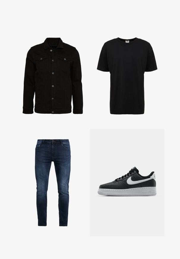 Mustern mustern sinine teksajakk klassikalise disainiga, nupuvääristustega, kahe rinna taskuga ja kergelt tekstureeritud pinnaga.; Must musta crew-neck t-särk lühikeste varrukatega, tavaline lõige, sile tekstuur ja nähtavate mustrite või detailideta.; Tumedatest sinised teksad slim-fit lõikega, millel on õmblusdetailid, eesmine nööbi ja viis taskut varude jaoks.; Must musta sneaker tekstureeritud pinnaga, valge Nike logo, hall tald, ümar varv ja paeltega disain. Omab perforatsioone varbakasti peal.