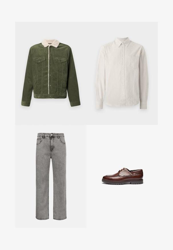 Veste en velours côtelé vert avec un col en polaire crème, dotée de deux poches poitrine, de boutons-pression et d'une surface texturée.; Chemise à manches longues de couleur beige clair avec de fines rayures verticales, un col et une poche poitrine. Tissu doux avec une texture lisse.; Jean en denim gris à jambes droites avec bouton et fermeture éclair à l'avant, poches avant et arrière, et coutures visibles.; Chaussure en cuir marron avec une pointe arrondie, un laçage, un col rembourré et une semelle texturée pour une meilleure adhérence. Coutures accentuées le long des côtés.
