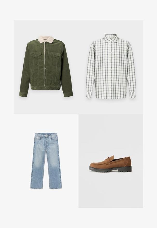 Veste en velours côtelé vert avec un col en polaire crème, dotée de deux poches poitrine, de boutons-pression et d'une surface texturée.; Chemise à manches longues à boutons avec un motif à carreaux blanc, gris et noir, et une poche poitrine unique sur fond uni.; Jean droit bleu clair avec un effet délavé, design à cinq poches, accessoires métalliques et fermeture éclair. Texture en denim lisse.; Mocassins en daim marron avec un bout arrondi et une semelle noire en caoutchouc basse, présentant une sangle décorative et des détails de couture sur le dessus.