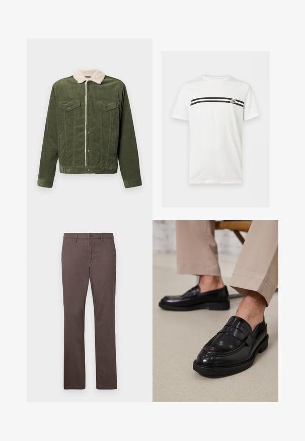 Veste en velours côtelé vert avec un col en polaire crème, dotée de deux poches poitrine, de boutons-pression et d'une surface texturée.; T-shirt blanc à manches courtes avec deux bandes horizontales noires sur la poitrine et un petit logo en forme de lettre "P" sur le côté droit.; Pantalon en coton marron avec une coupe droite, fermeture à bouton et poches avant. Texture lisse et lignes épurées.; Mocassins en cuir noir avec une finition lisse, ornés d'une sangle décorative et de coutures contrastées, associés à un pantalon beige.