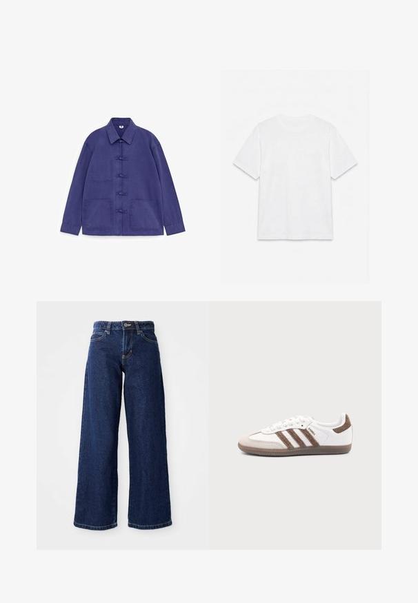 Veste indigo à manches longues pour homme, avec col, trois fermetures à boutons à l'avant, deux poches plaquées inférieures et une poche poitrine supérieure gauche.; T-shirt blanc uni à manches courtes et col rond, posé à plat sur un fond blanc.; Jean ample bleu foncé en denim, doté d'une fermeture à bouton et à zip, de passants de ceinture et d'un design classique à cinq poches.; Baskets Adidas Samba blanches avec des bandes en daim marron, semelle en caoutchouc marron et bout en daim beige, vues du côté extérieur sur un fond uni.