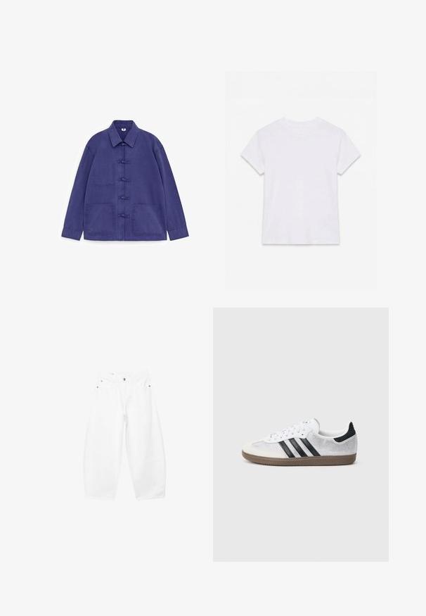 Veste indigo à manches longues pour homme, avec col, trois fermetures à boutons à l'avant, deux poches plaquées inférieures et une poche poitrine supérieure gauche.; T-shirt en coton blanc uni à manches courtes et col rond, étalé à plat sur un fond blanc.; Jean blanc à jambes larges avec boutons et fermeture éclair à l'avant, passants pour ceinture, poches latérales et avant, présenté sur un fond uni.; Baskets en mesh blanc avec des rayures noires, un embout en daim beige et un accent sur le talon, semelle en caoutchouc texturée, et lacets blancs. Design classique à tige basse.